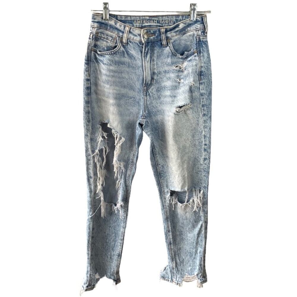 American Eagle Mom Jeans 0 Acid Wash Distressed High Rise Comfort Stretch